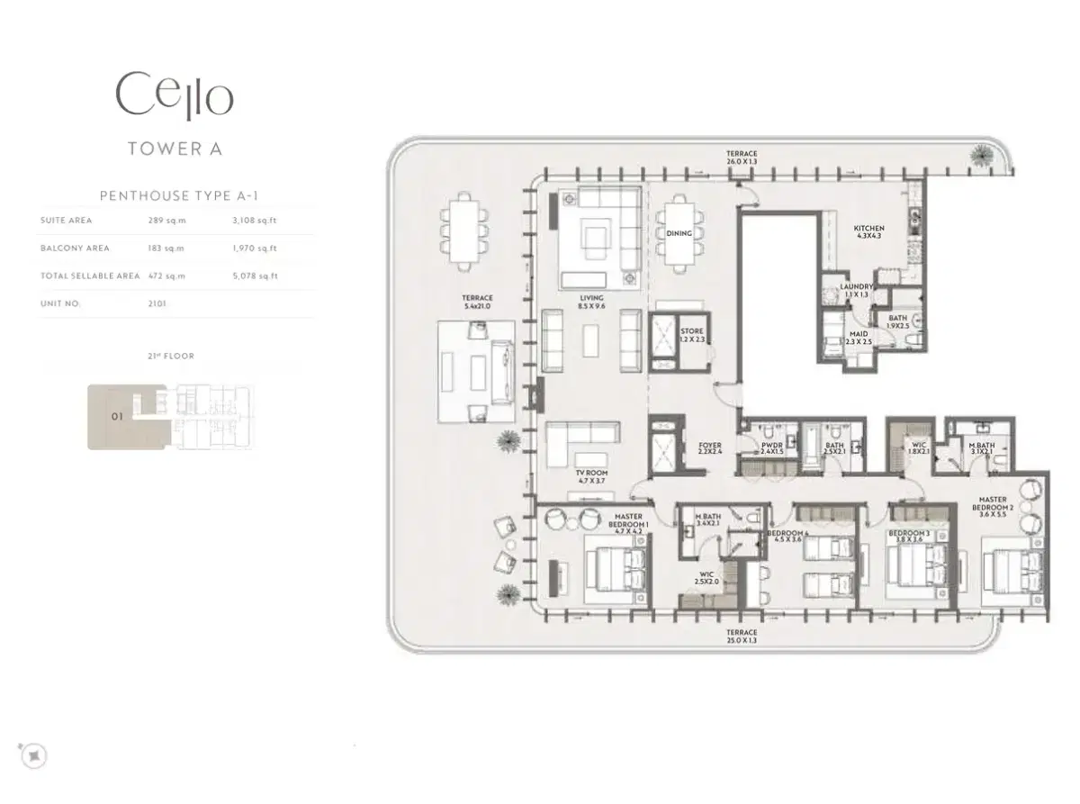 Taraf Cello Dubai Jumeirah Village Circle 4 BR Penthouses Floor Plan