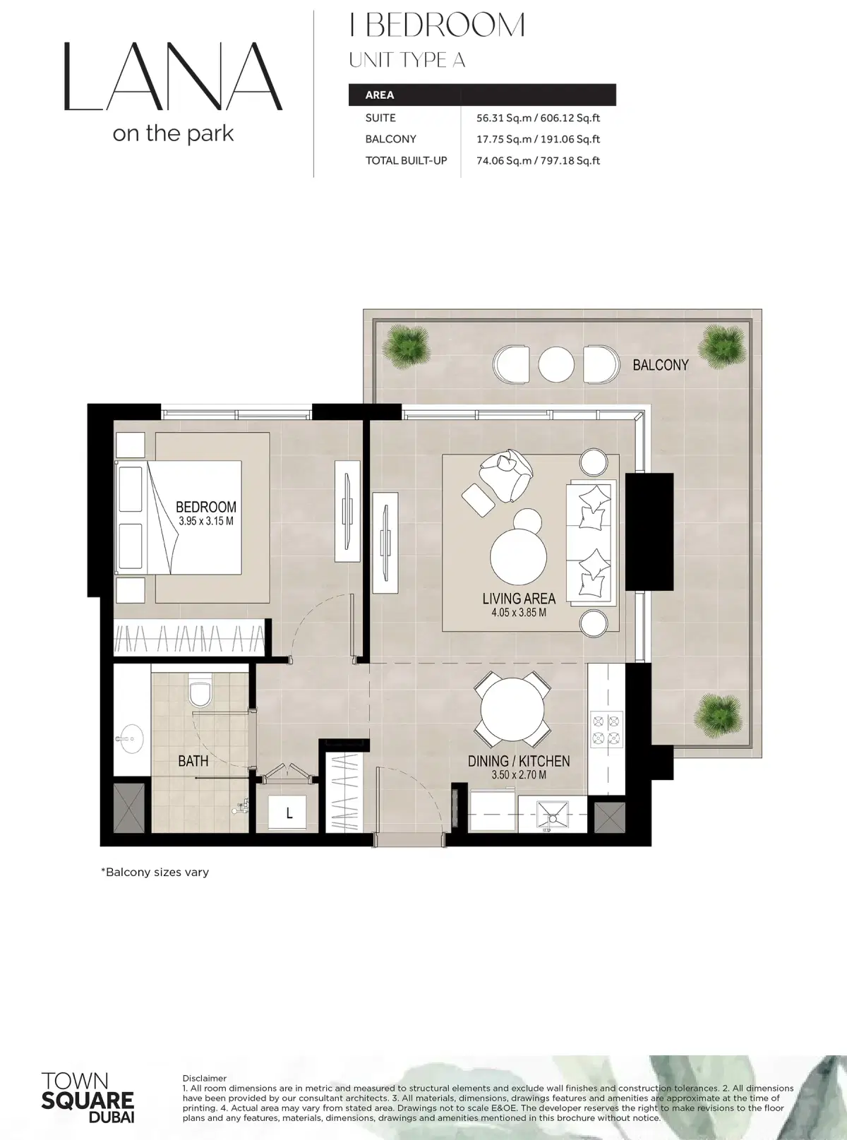 Nshama Lana On The Park Dubai 1 BR Floor Plan 797 Sq. Ft.
