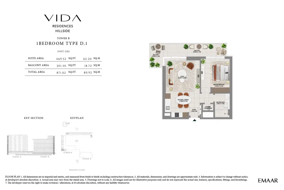 Emaar Vida Residences Hillside At Dubai Hills Estate 1 Bedroom-2 Floor Plan