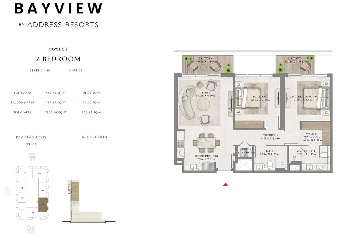 Emaar Bayview By Address Resorts 2 2 BR Apartment Floor Plan