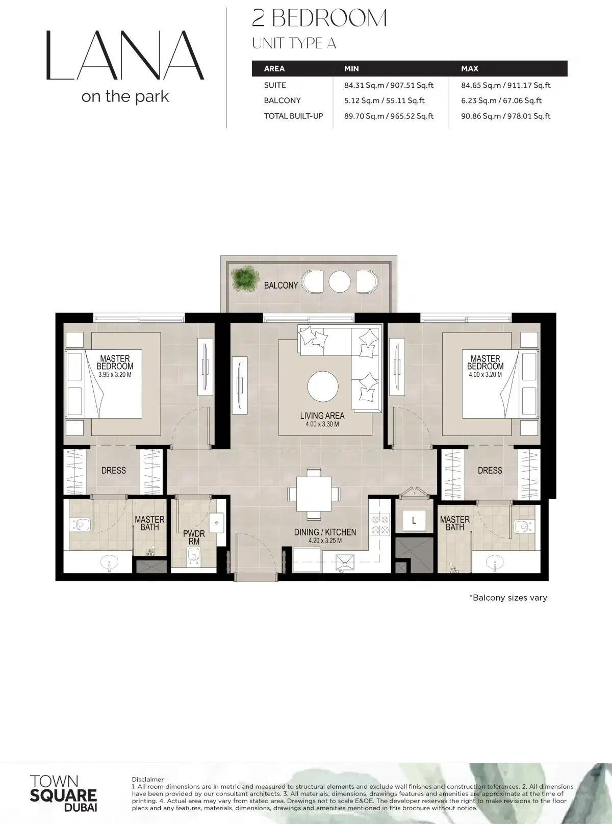 Lana On The Park Town Square Dubai 2 Bedroom Apartments Floor Plan