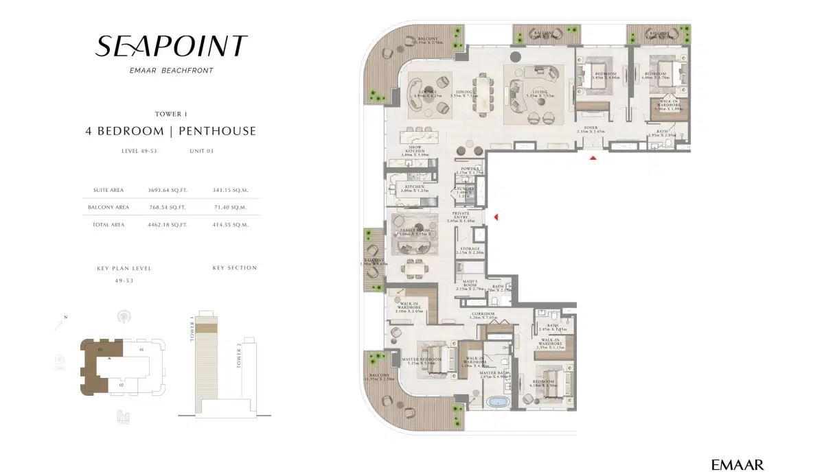 EMAAR Seapoint Development 4 BR Penthouses Floor Plan 4,462 Sq. Ft.