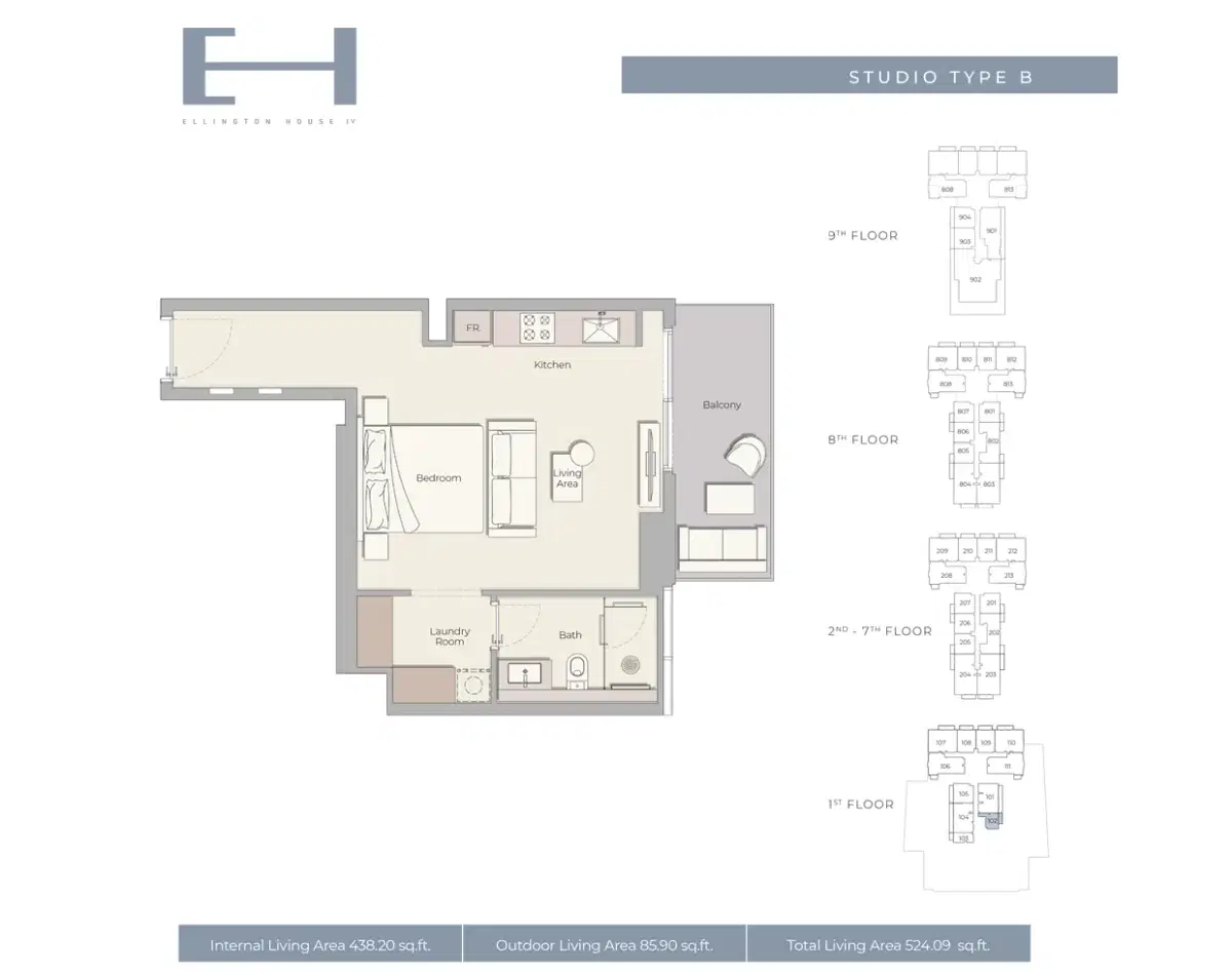 Ellington House 4 Dubai Studios Floor Plan 524 Sq. Ft.