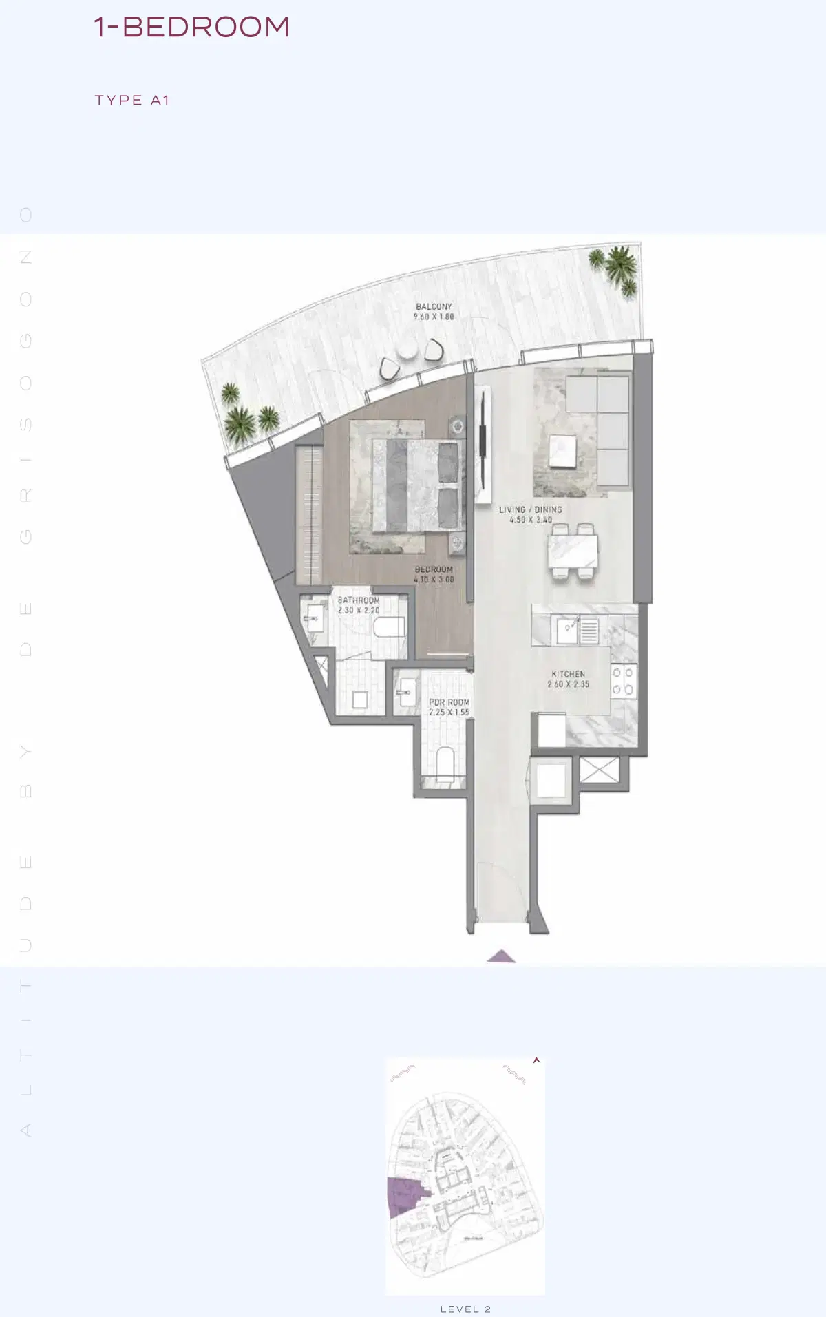 Damac Altitude De Grisogono Tower Business Bay 1 BR Apartment Floor Plan