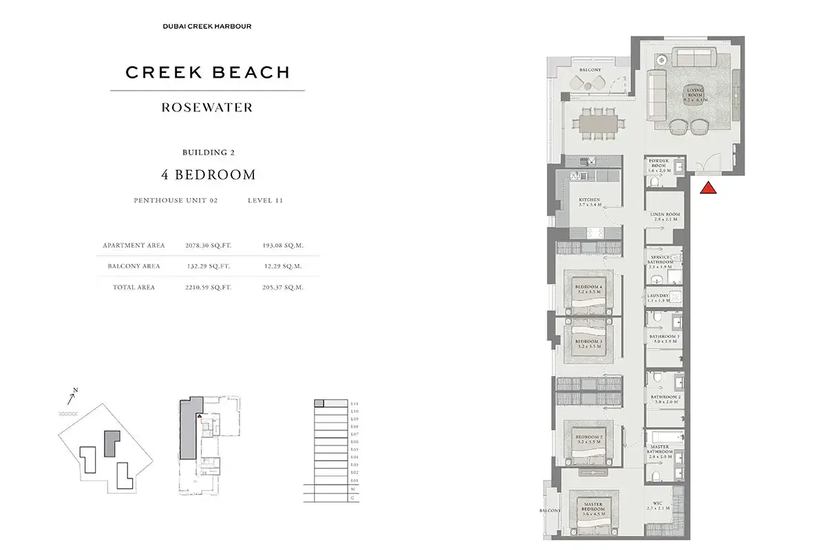 EMAAR Rosewater Dubai 4 BR Floor Plan 2,210 Sq. Ft.