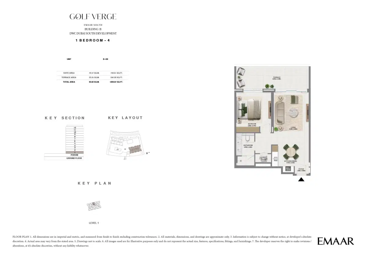 Golf Verge EMAAR South Dubai 1 BR Floor Plan 1,009 Sq. Ft.