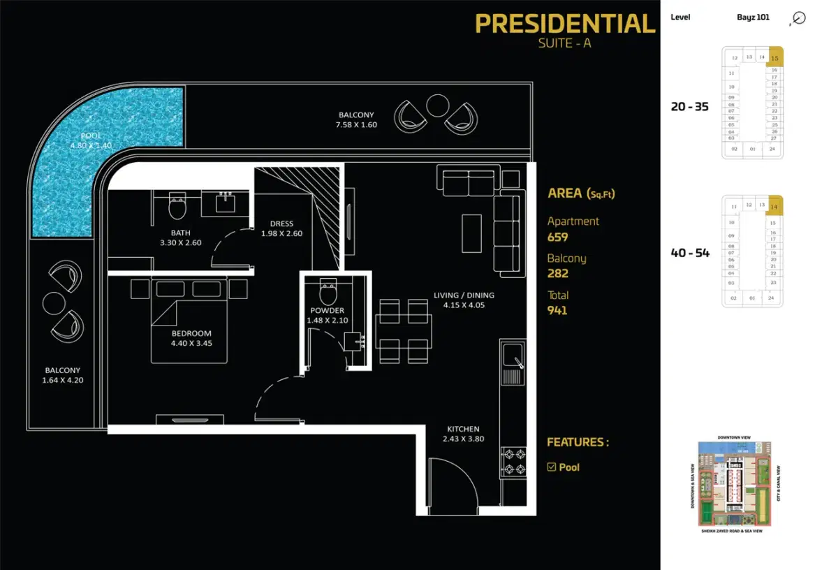 DANUBE Bayz 101 Dubai 1 BR Floor Plan 941 Sq. Ft.