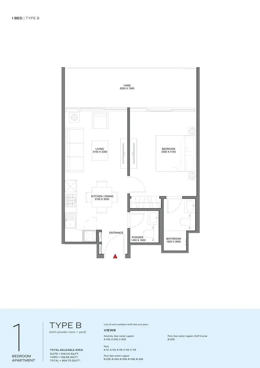 Sobha Delphine Beach Residences Dubai 1 BR Floor Plan 664 Sq. Ft.