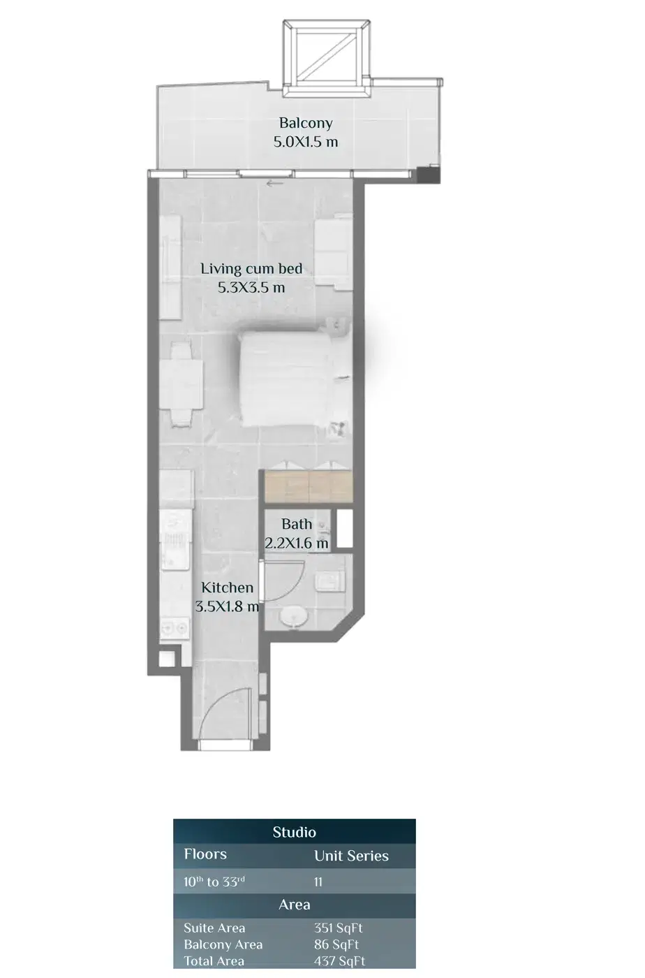 Skyhills Residences Studios Floor Plan 437 Sq. Ft.