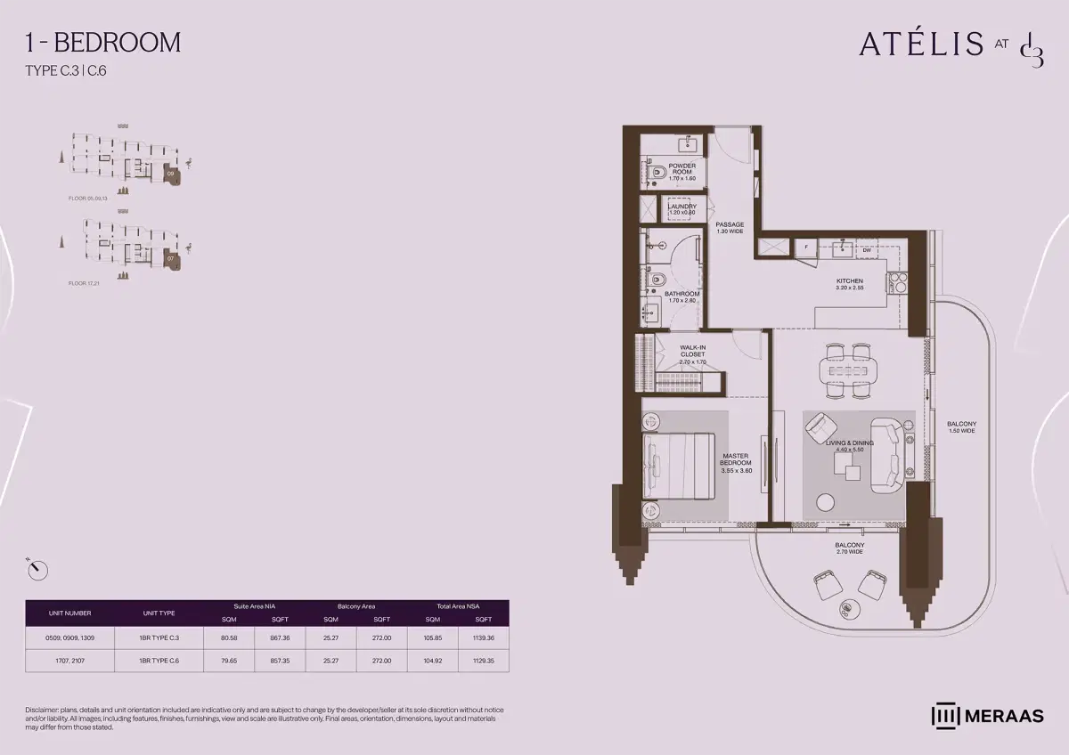Meraas Atelis at Dubai Design District (D3) 1 BR Apartment Floor Plan