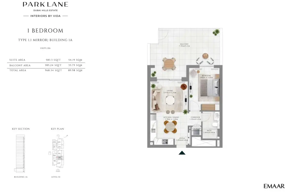 Emaar Park Lane Dubai 1 BR Floor Plan 968 Sq. Ft.