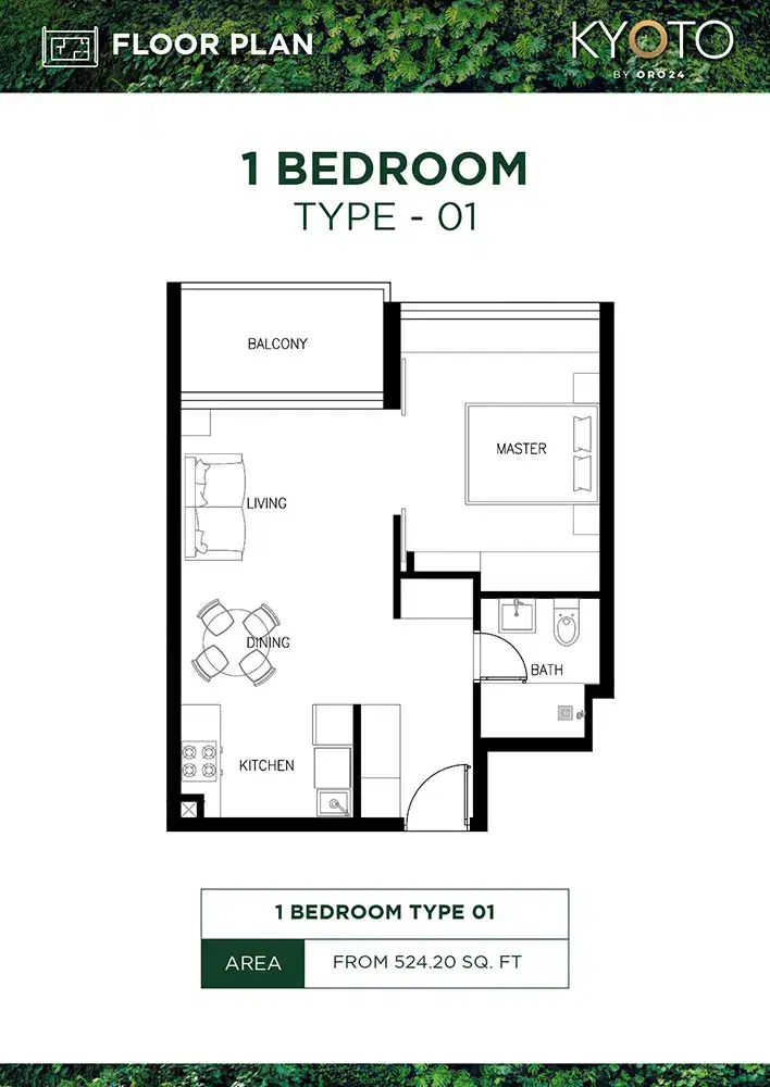 Kyoto by ORO24 at Arjan Dubai 1 BR Floor Plan 524 Sq. Ft.