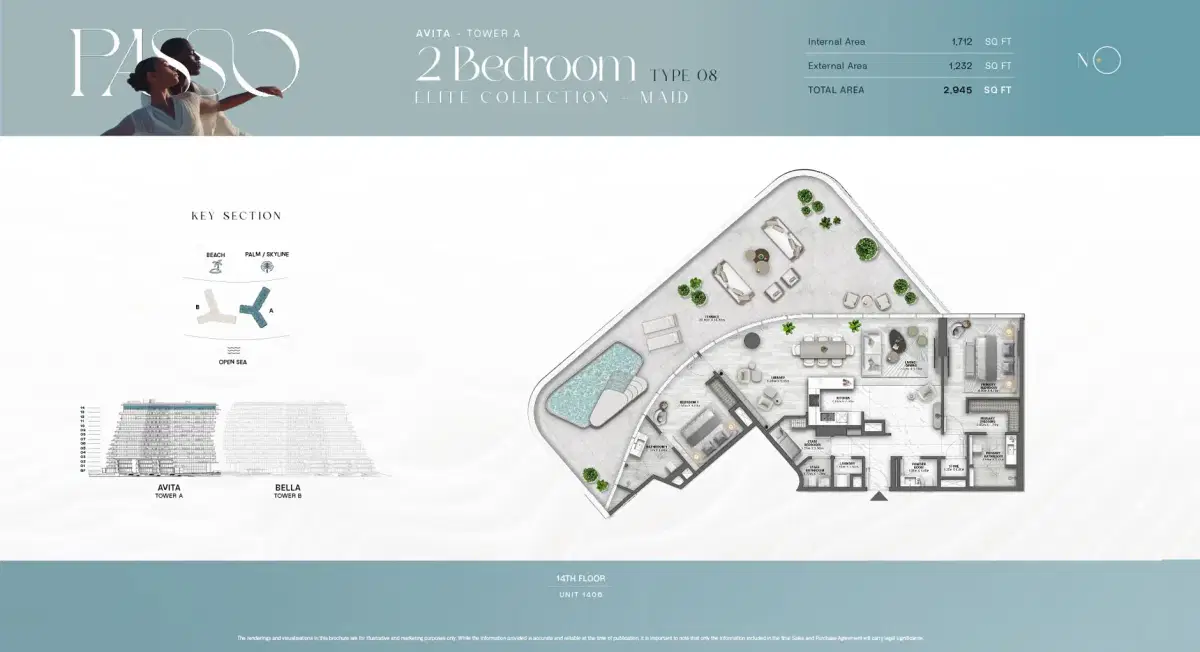 Passo by Beyond at Palm Jumeirah, Dubai 2 BR Floor Plan 2,945 Sq. Ft