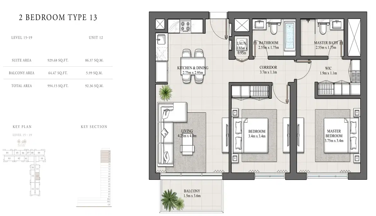EMAAR Hills Park Dubai 2 BR Floor Plan 994 Sq. Ft.