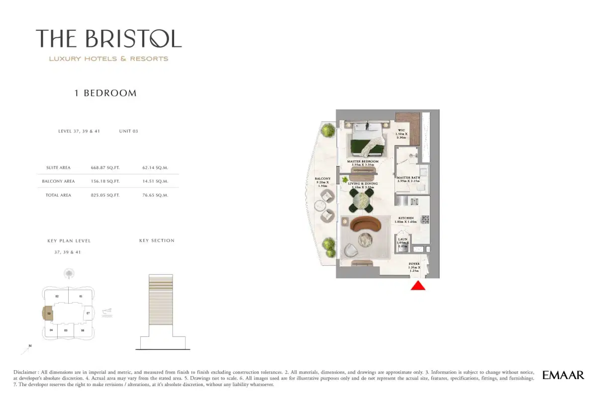 Emaar The Bristol Apartments 1 BR Floor Plan 825 Sq. Ft.