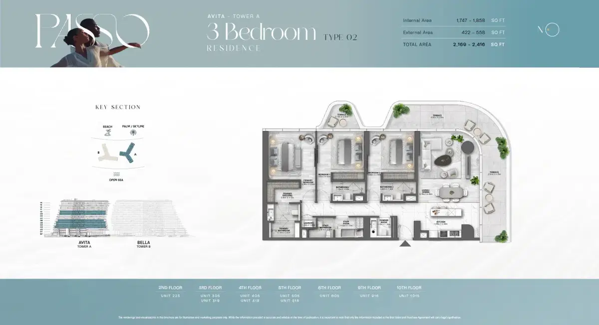 Passo by Beyond at Palm Jumeirah, Dubai 3 BR Floor Plan 2,416 Sq. Ft.