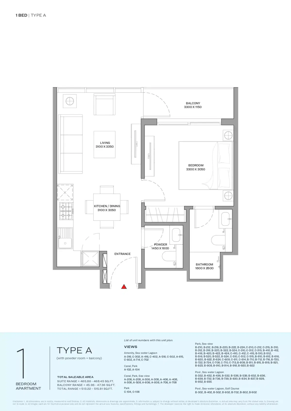 Sobha Coraline Beach Residences On Siniya Island 1 Bedroom Apartments Floor Plan