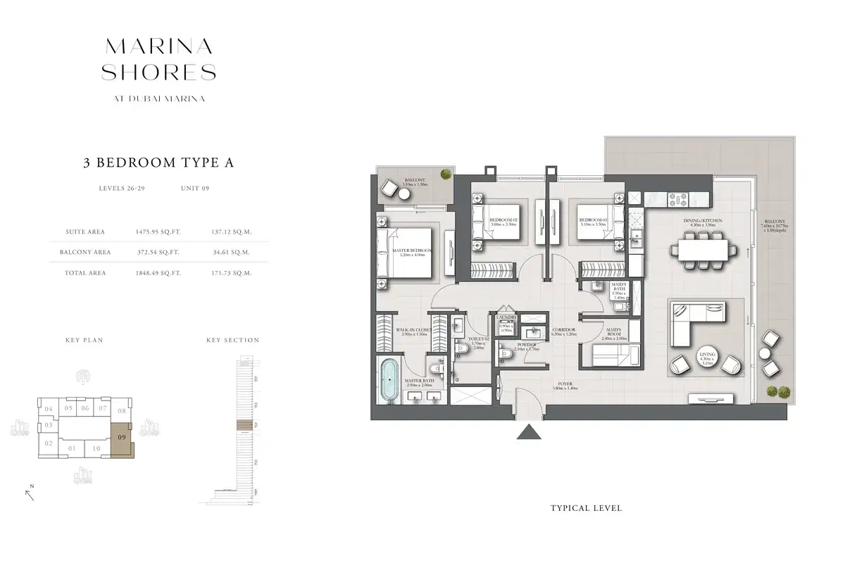 EMAAR Marina Shores Dubai 3 BR Floor Plan 1,848 Sq. Ft.