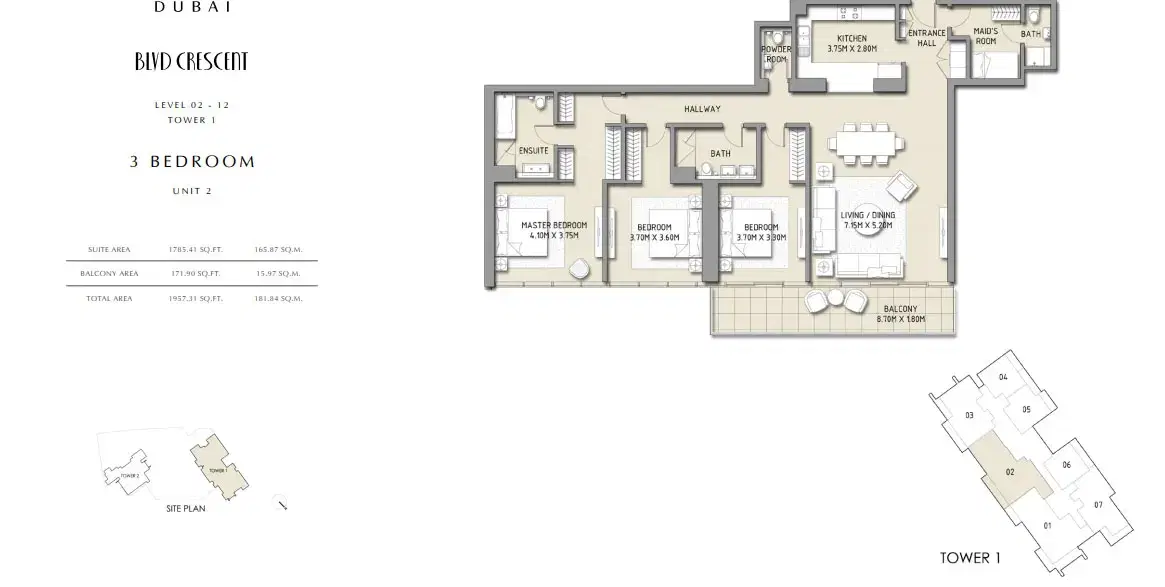 Emaar BLVD Crescent at Downtown Dubai | Apartments & Penthouses 3 BR Apartment Floor Plan