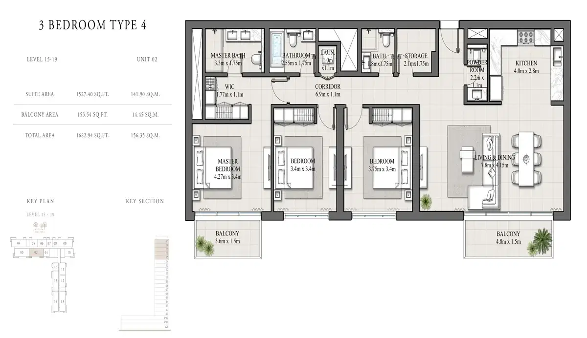 EMAAR Hills Park Dubai 3 BR Floor Plan 1,682 Sq. Ft.