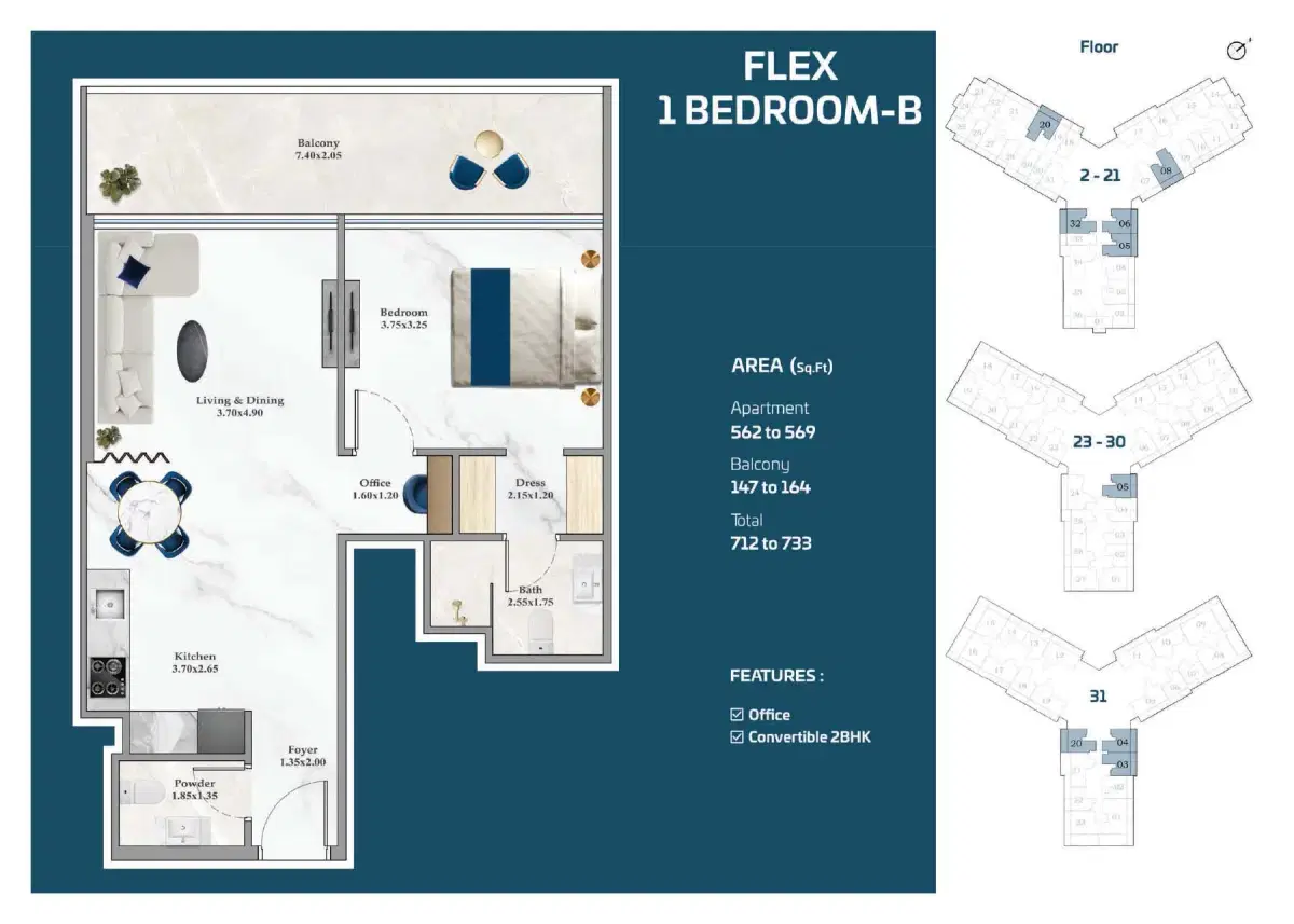 1 BR Floor Plan 733 Sq. Ft.