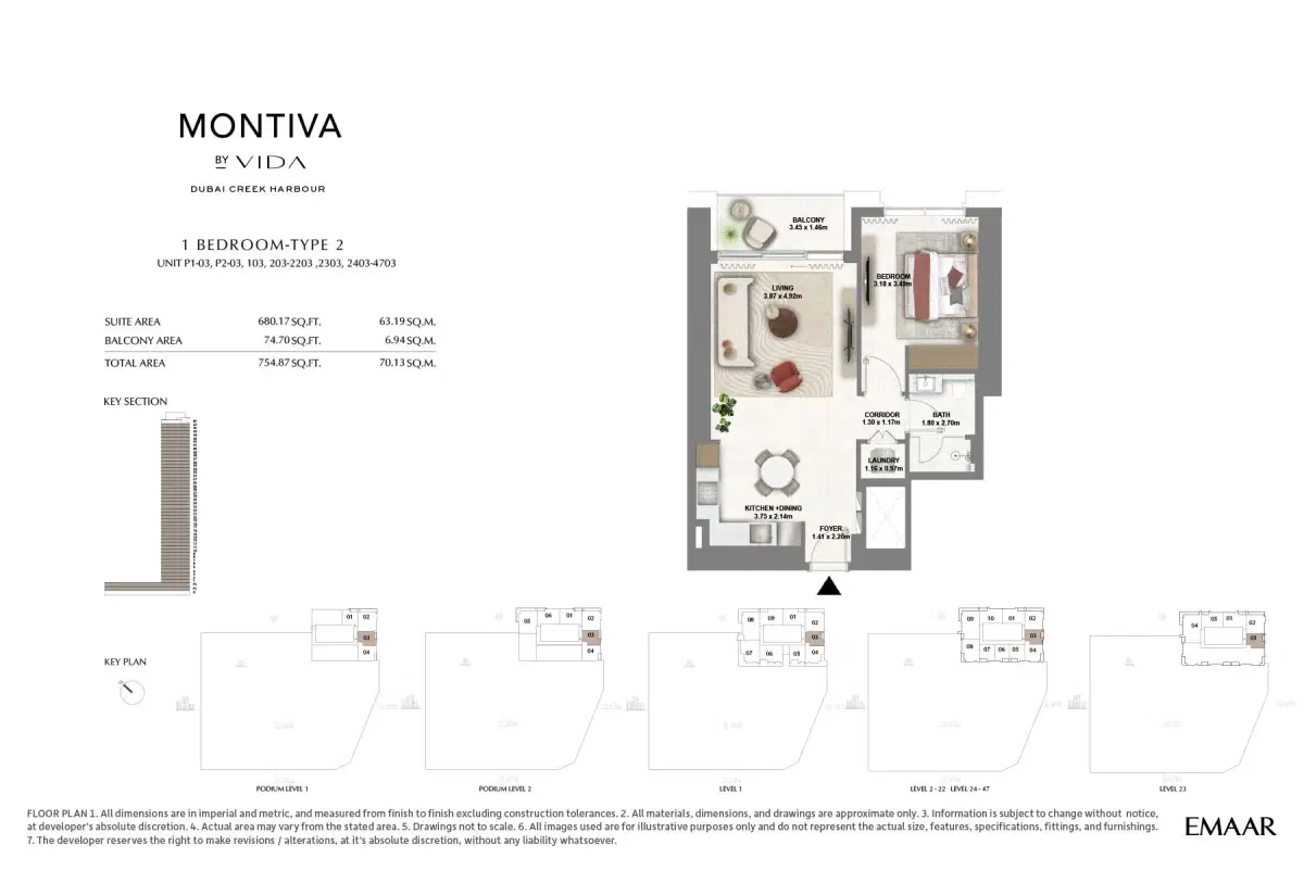 Emaar Montiva by Vida at Dubai Creek Harbour  1 BR Floor Plan 755 Sq. Ft.