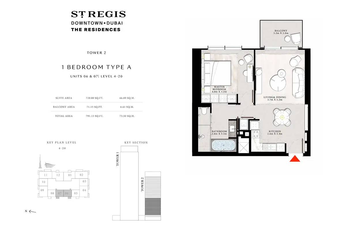 Emaar St Regis Residences 1 BR Apartment Floor Plan