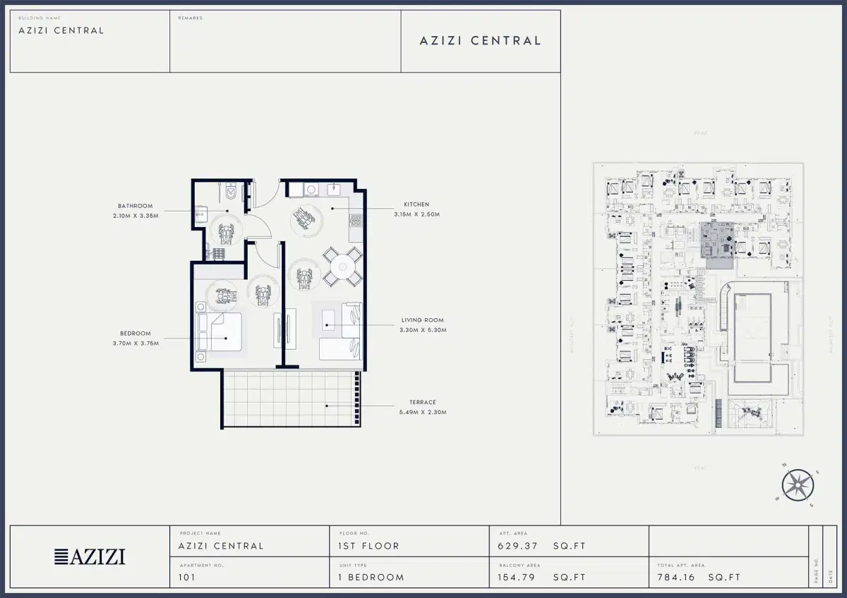 AZIZI Central Dubai 1 BR Floor Plan 784 Sq. Ft.