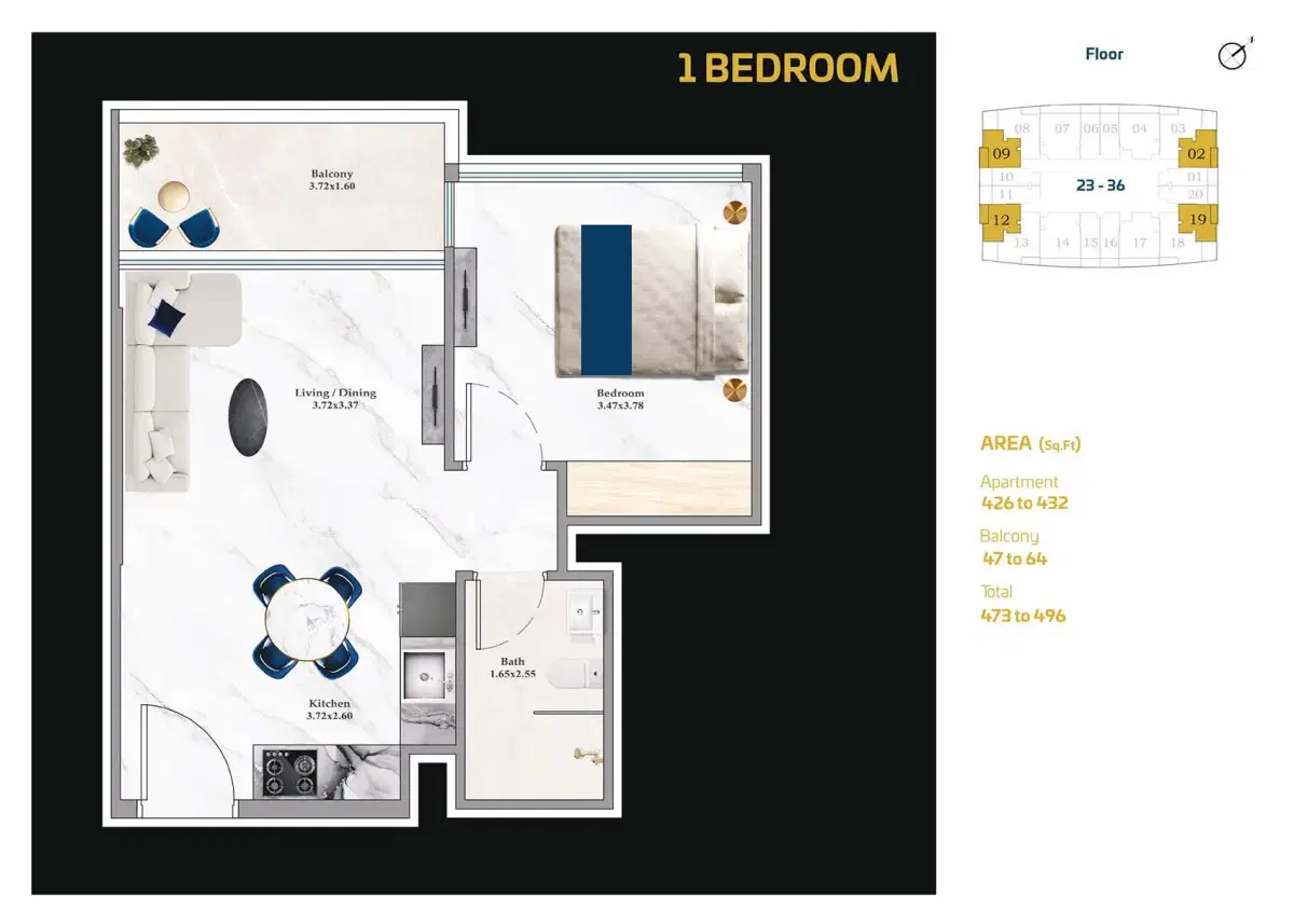 Aspirz at Dubai Sports City 1 BR Floor Plan 496 Sq. Ft.