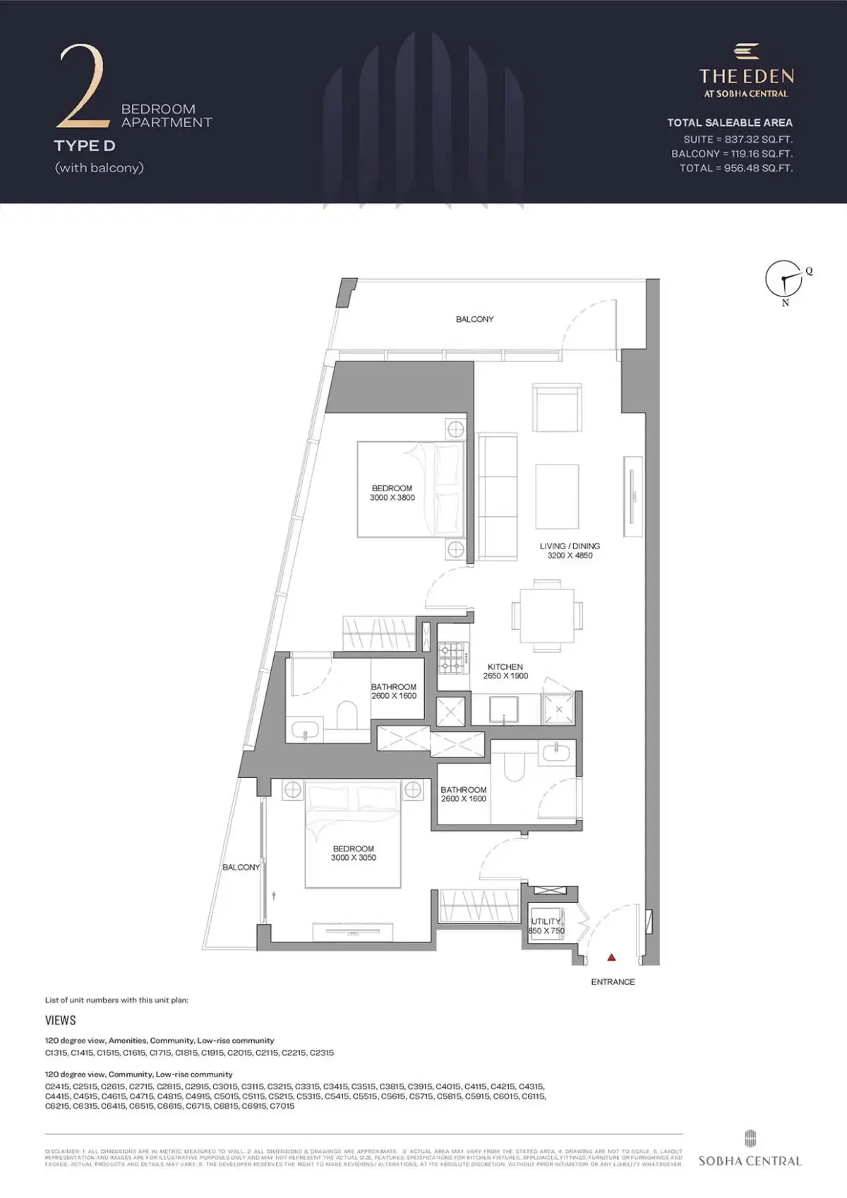 The Eden at Sobha Central 2 BR Floor Plan 956 Sq. Ft.
