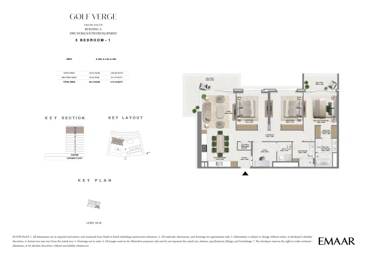 Golf Verge EMAAR South Dubai 3 BR Floor Plan 1,777 Sq. Ft.