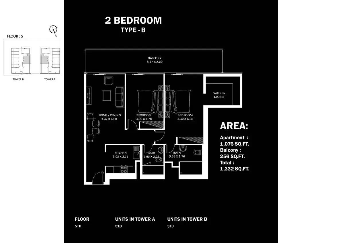 Danube Elitz Dubai 2 BR Floor Plan 1,332 Sq. Ft.