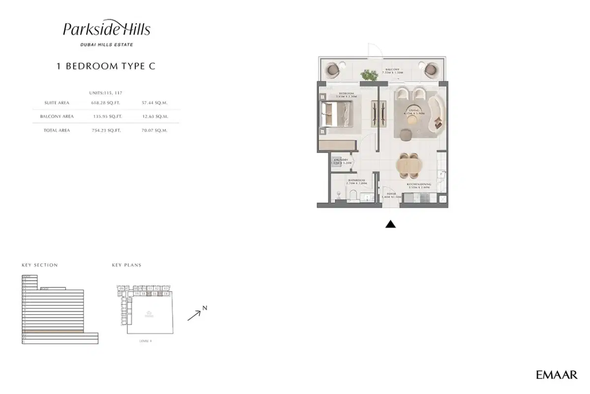 EMAAR Parkside Hills Dubai 1 BR Floor Plan 754 Sq. Ft.