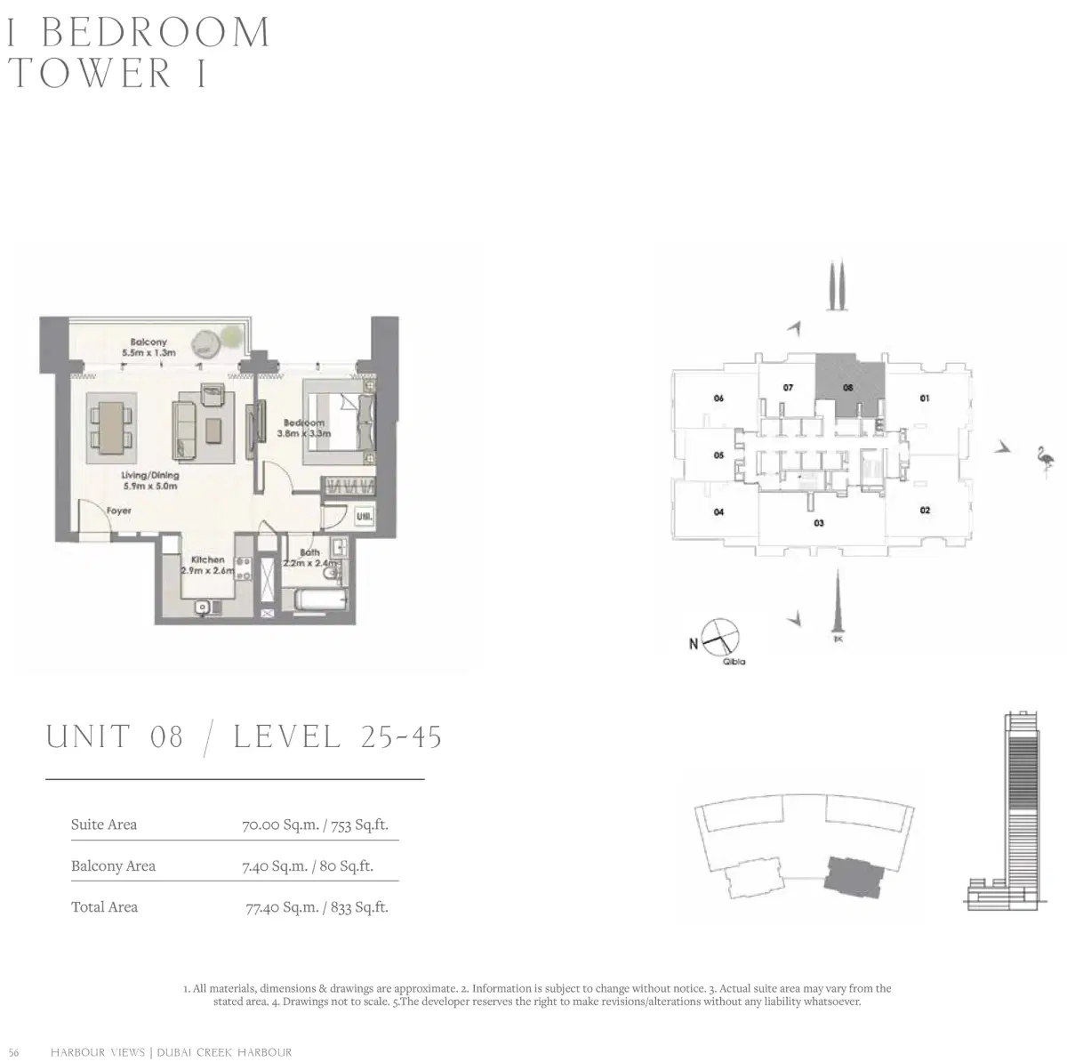 EMAAR Harbour Views Dubai 1 BR Floor Plan 833 Sq. Ft.