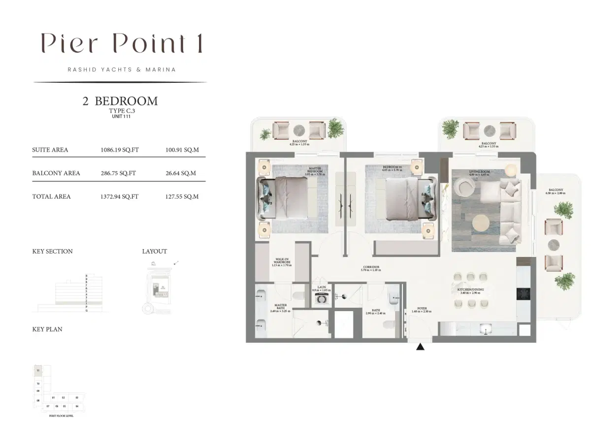 Emaar Pier Point Dubai 2 BR Floor Plan 1,372 Sq. Ft.