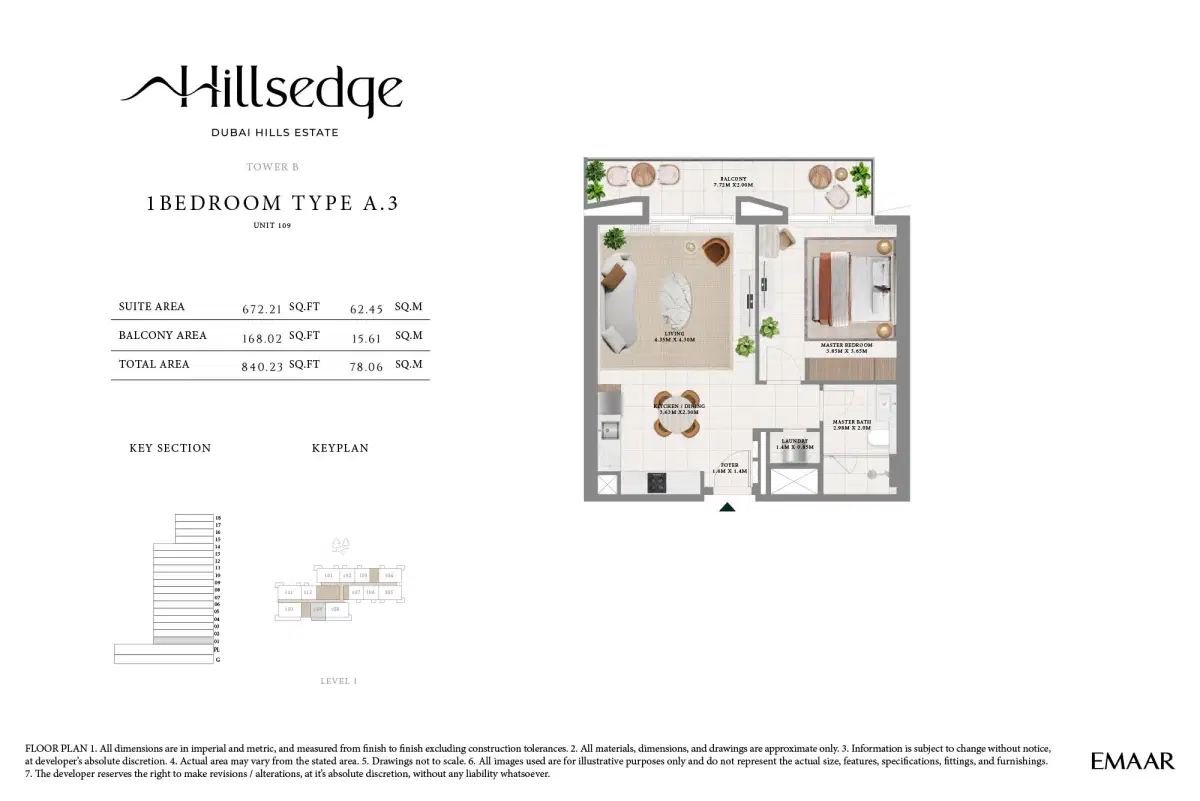 Emaar Hillsedge Dubai 1 BR Floor Plan 840 Sq. Ft.