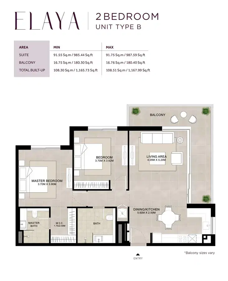 Nshama Elaya Town Square Dubai 2 BR Apartments Floor Plan