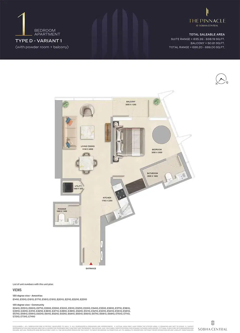 Sobha The Pinnacle At Sobha Central 1 BR Apartment Floor Plan