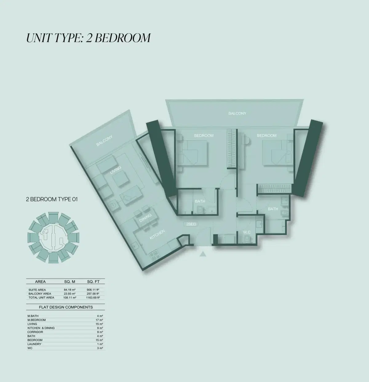Binghatti Circle at Jumeirah Village Circle 2 BR Floor Plan 1163 Sq Ft