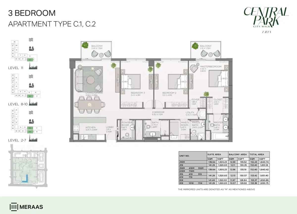 Erin Central Park Dubai 3 BR Floor Plan 1,651 Sq. Ft.