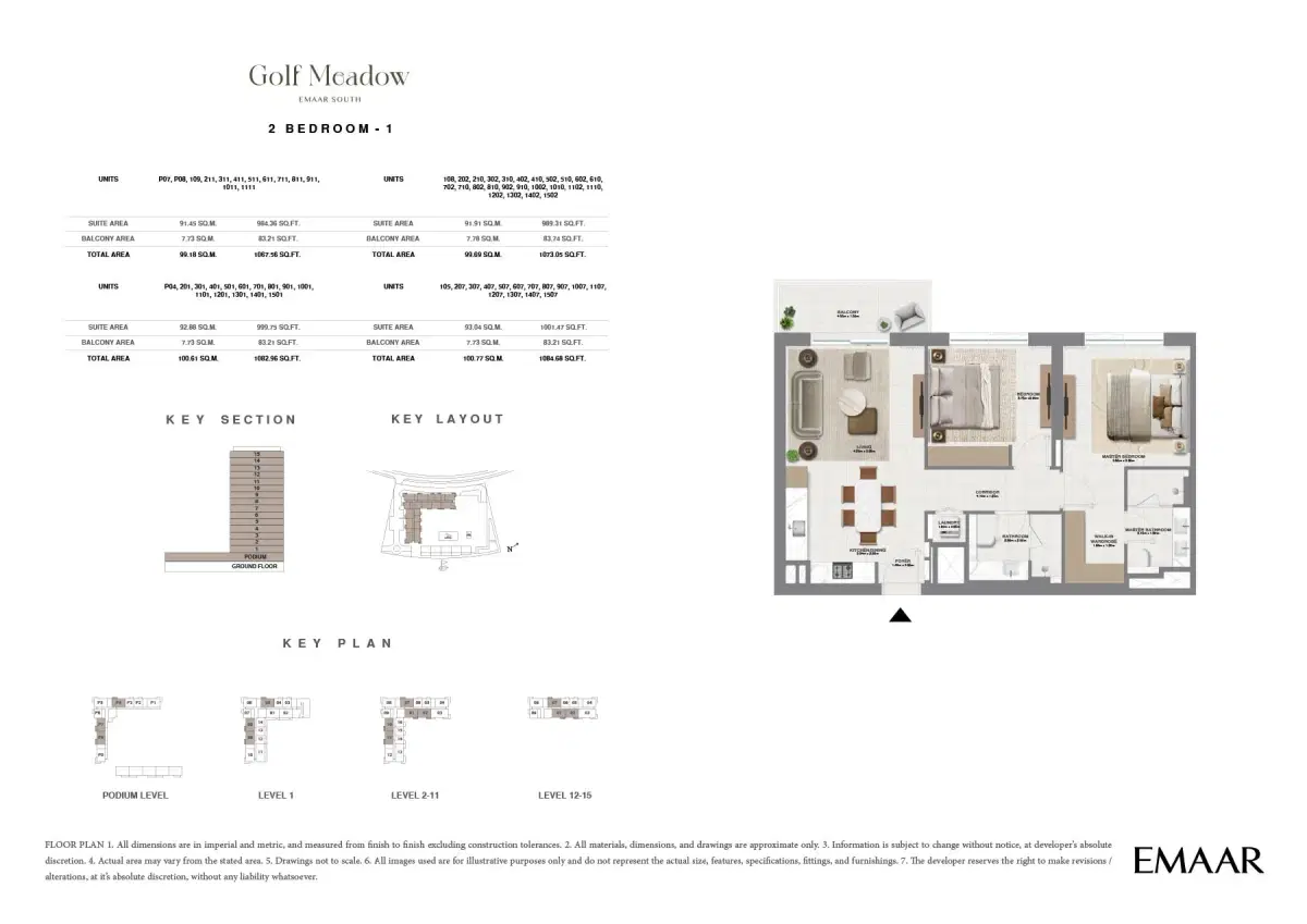 Golf Meadow at Emaar South 2 BR Floor Plan 1,084 Sq. Ft.