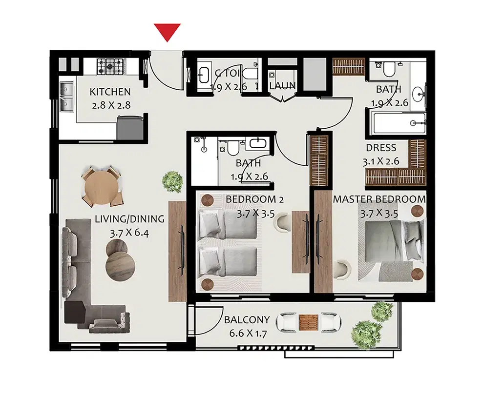 Hillside Residences 3 at Wasl Gate 2 BR Apartment Floor Plan