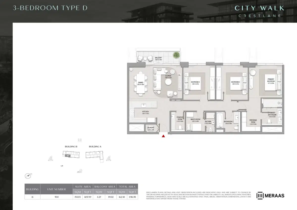 Meraas City Walk Crestlane at City Walk Dubai 3 Bedroom Apartments Floor Plan
