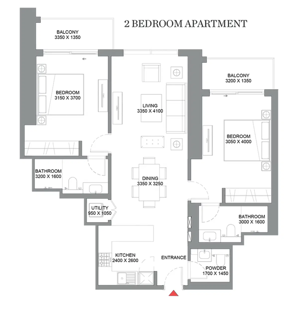 Sobha 360 Riverside Crescent 2 BR Apartment Floor Plan