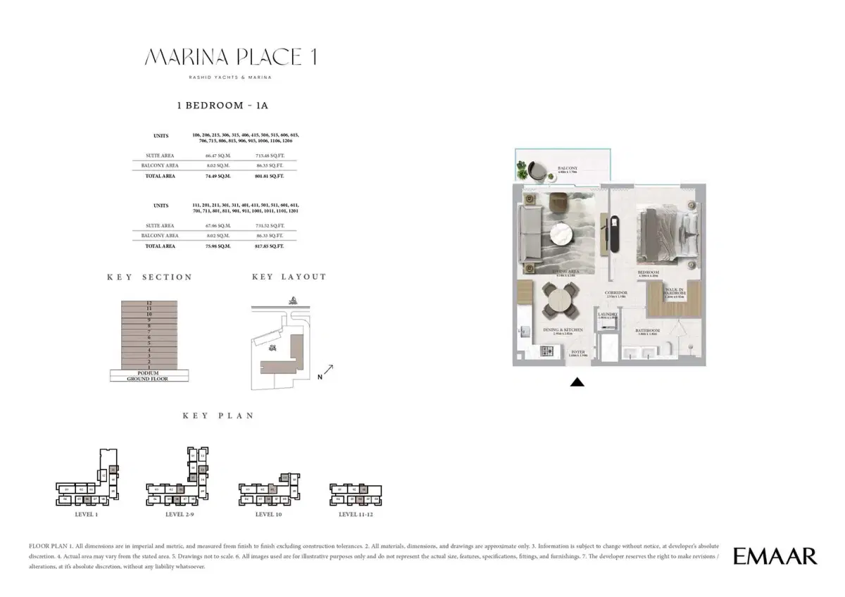 Emaar Marina Place 1 BR Floor Plan 817 Sq. Ft.