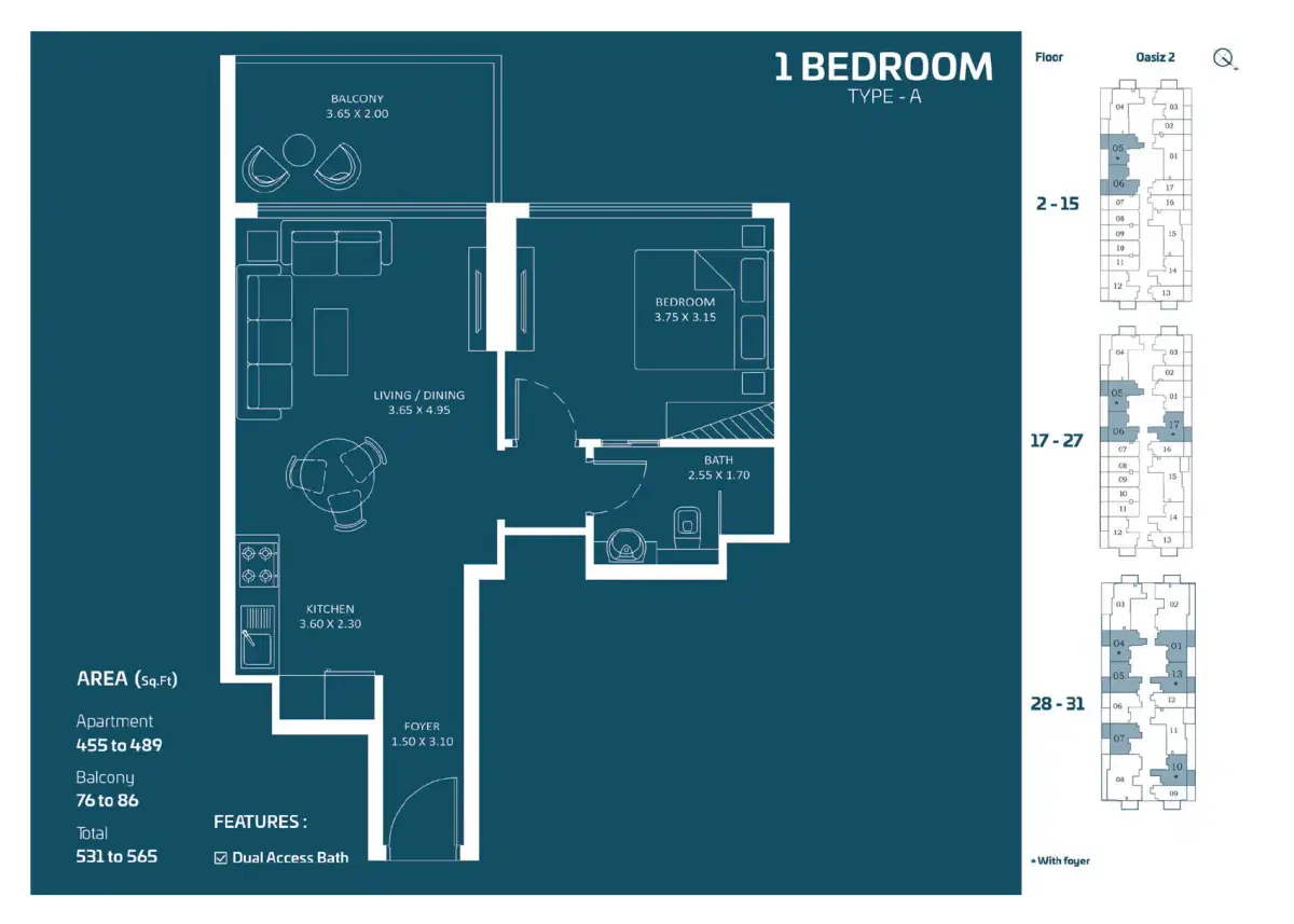 Danube Oasiz 2 At Dubai Silicon Oasis 1 BR Apartments Floor Plan