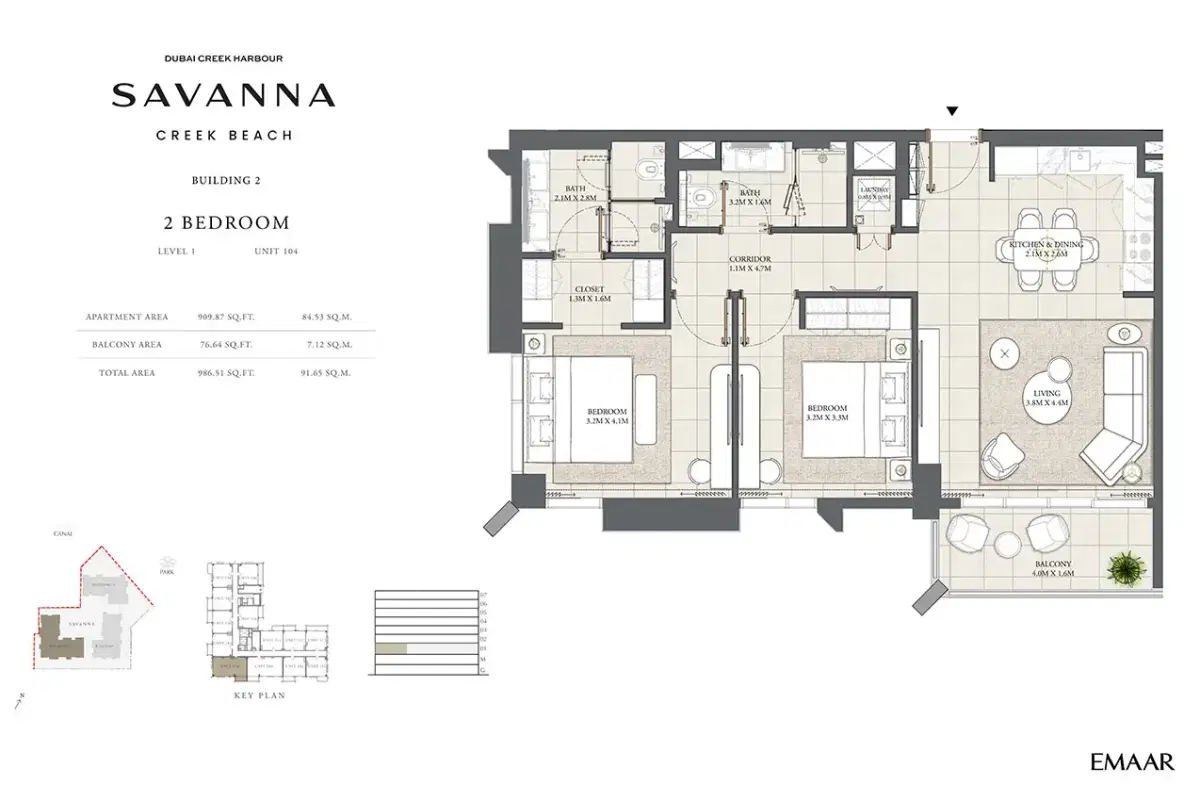 EMAAR Savanna Apartments 2 BR Floor Plan 986 Sq. Ft.