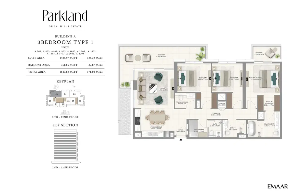 EMAAR Parkland Dubai 3 BR Floor Plan 1,841 Sq. Ft.
