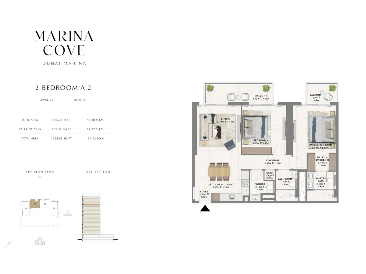 Emaar Marina Cove Dubai 2 BR Floor Plan 1,234 Sq. Ft.
