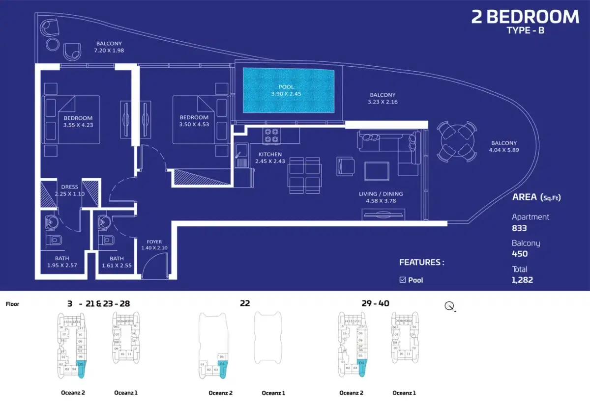 Oceanz by Danube Dubai 2 BR Floor Plan 1,282 Sq. Ft.